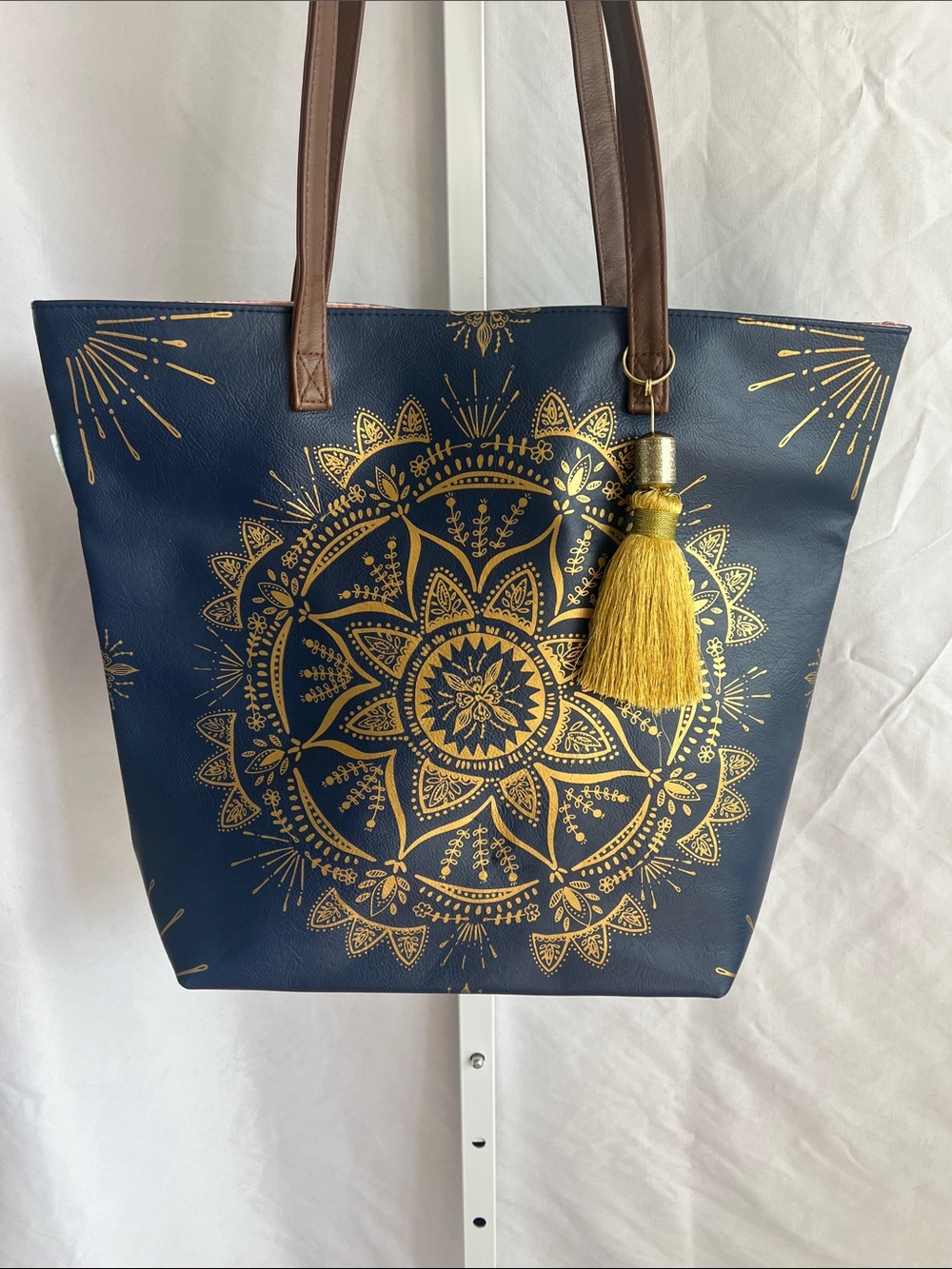 Papaya Navy Tote with Gold Mandala and Brown Straps Pink Satan Lined - Picture 7 of 16